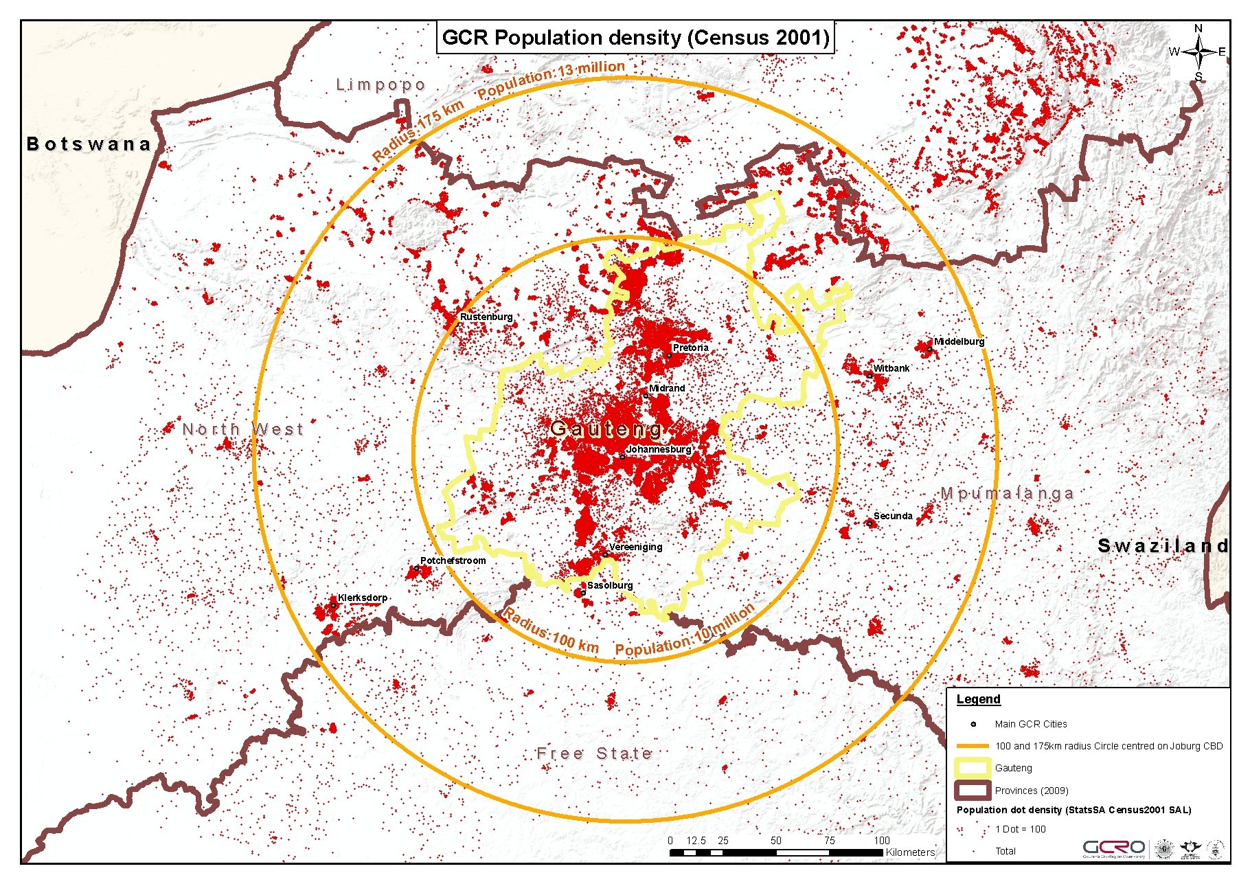 GCR with population radius - dot density map (Census 2001 SAL)  GCRO